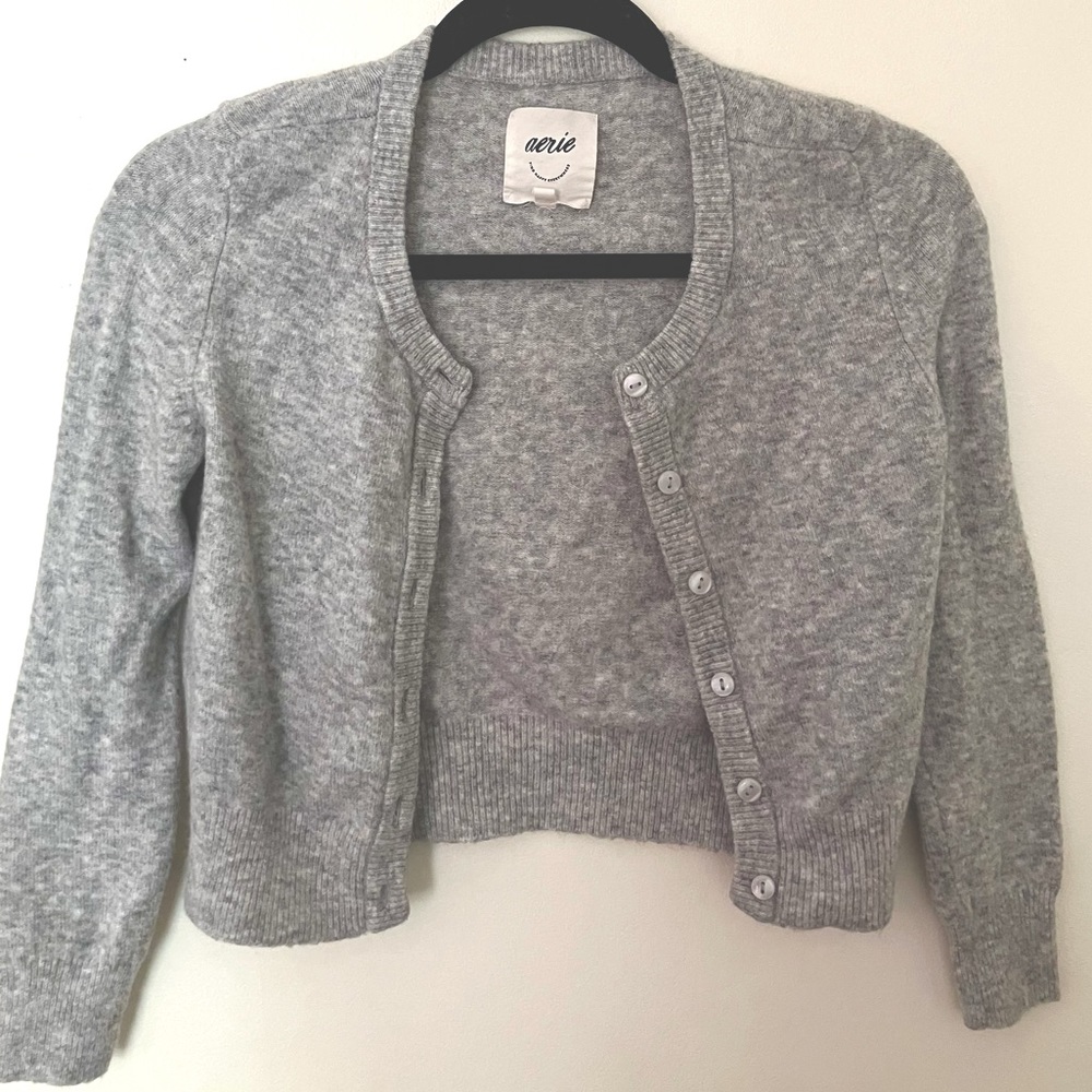 Aerie “Fuzzy Cropped Cardigan” in Gray